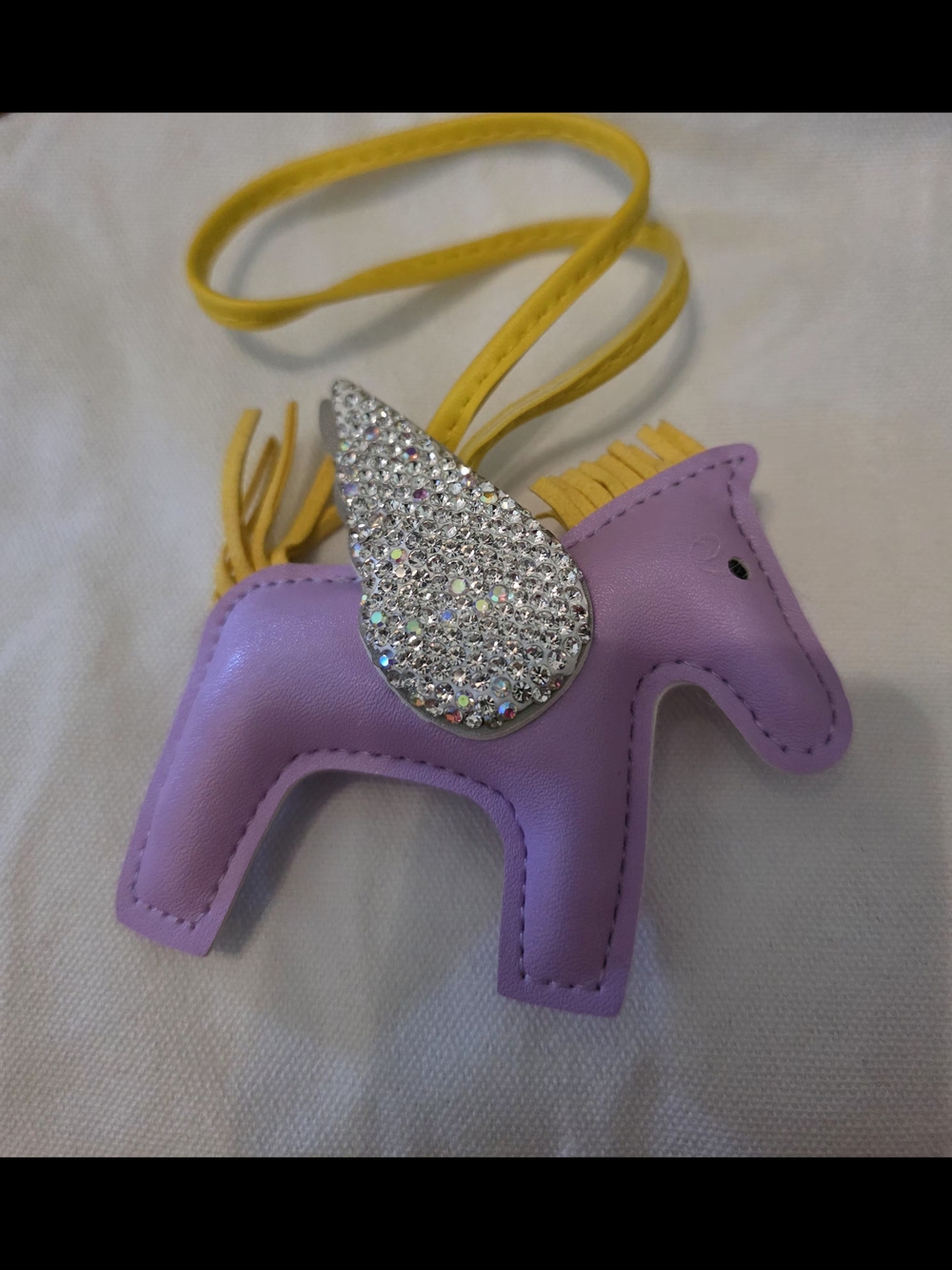 Purple Leather Horse Bag Charm With Rhinestone wings And Yellow Strap